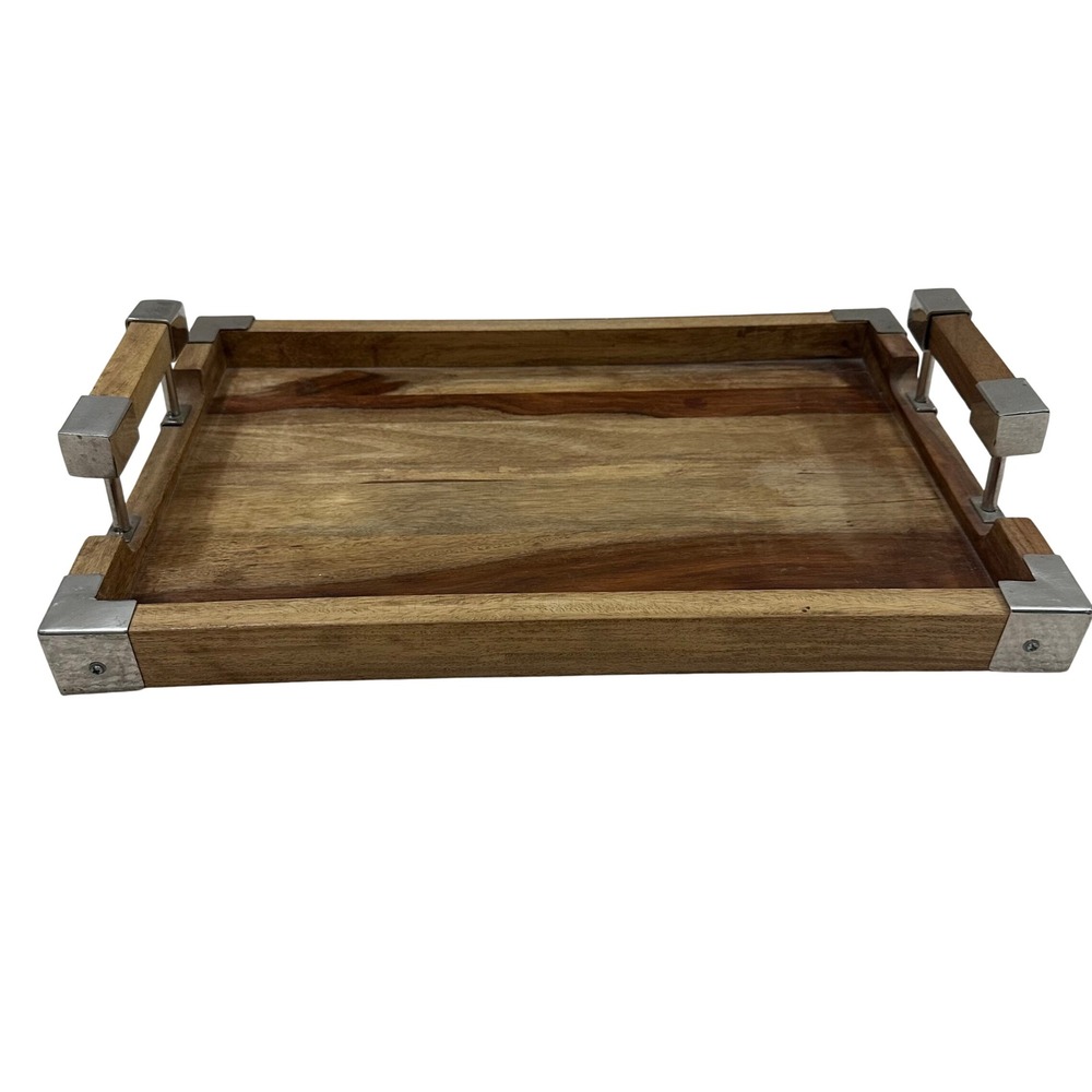 Modern Industrial Wood Serving Tray with Silver Metal Handles Corner Brackets - Picture 1 of 6